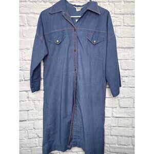 Model Coat Cotton "Denim" Look Vintage 1970s Snap Front Midi House Dress Sz MD